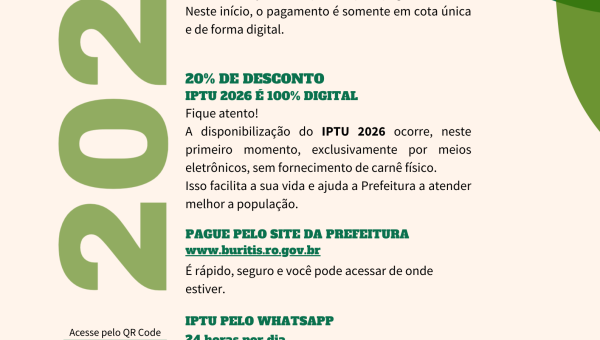 PREFEITURA DE BURITIS DISPONIBILIZA IPTU 2026 COM PAGAMENTO EM COTA ÚNICA COM 20% DE DESCONTO